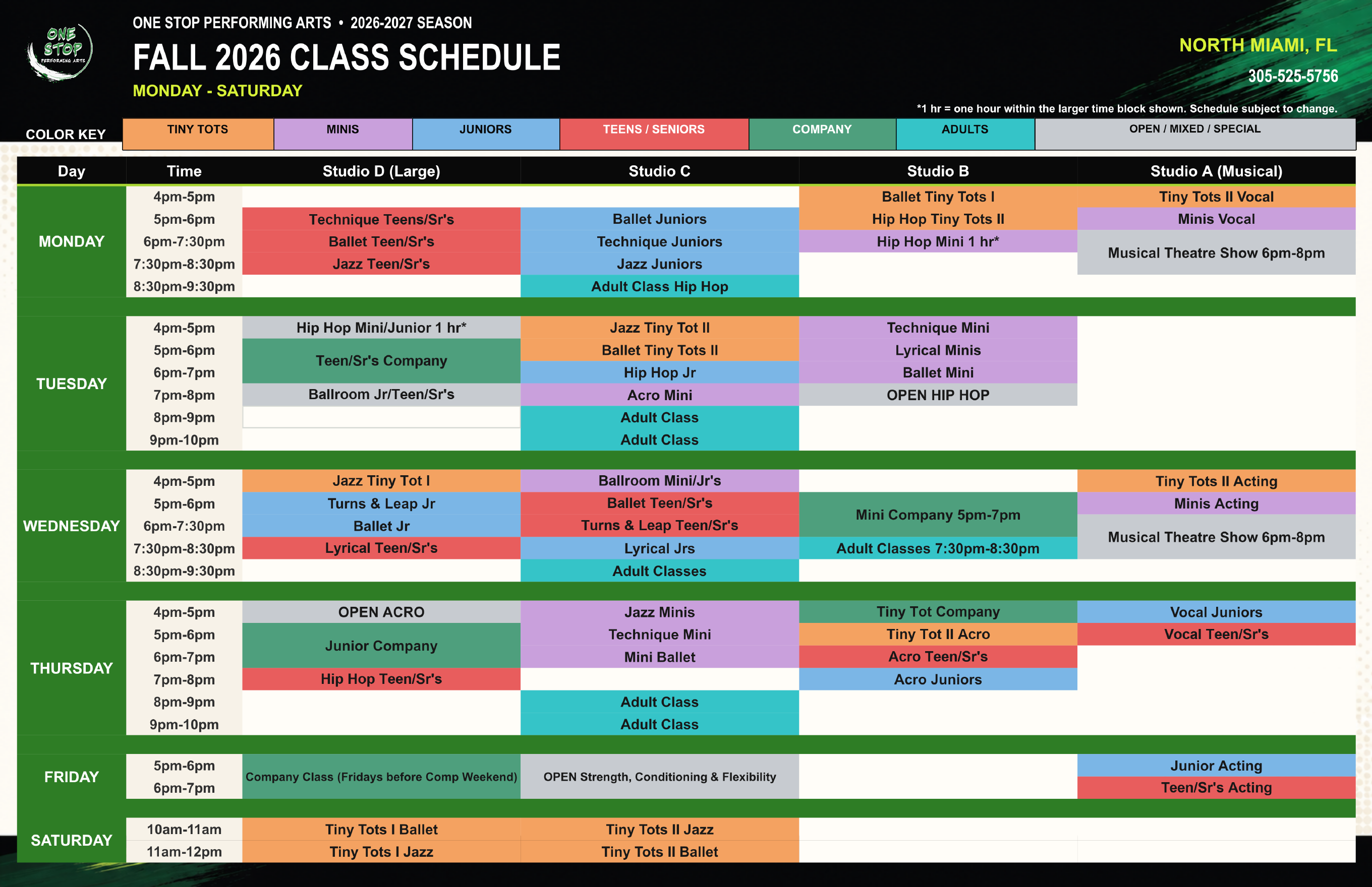 One Stop Performing Arts Fall 2026 class schedule, Monday through Saturday