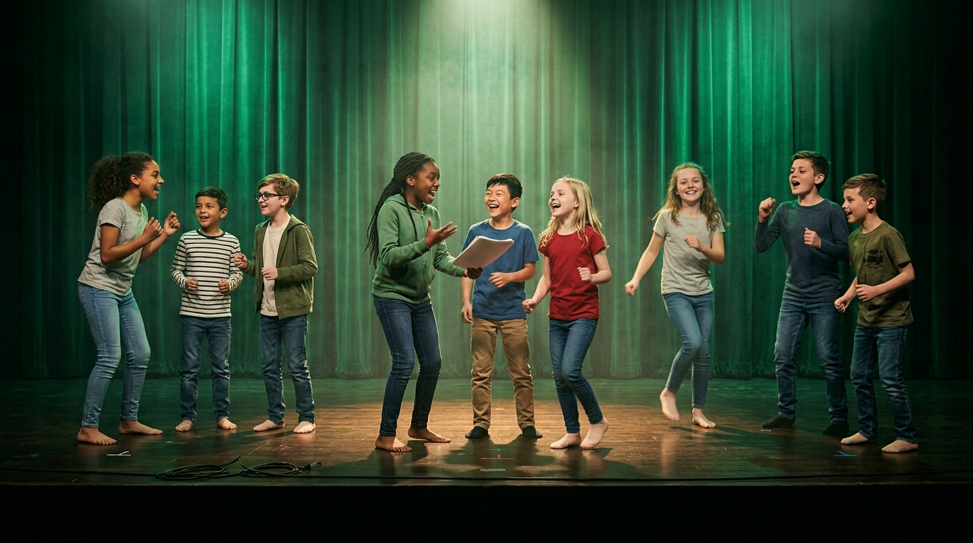 Children rehearsing a musical theatre scene