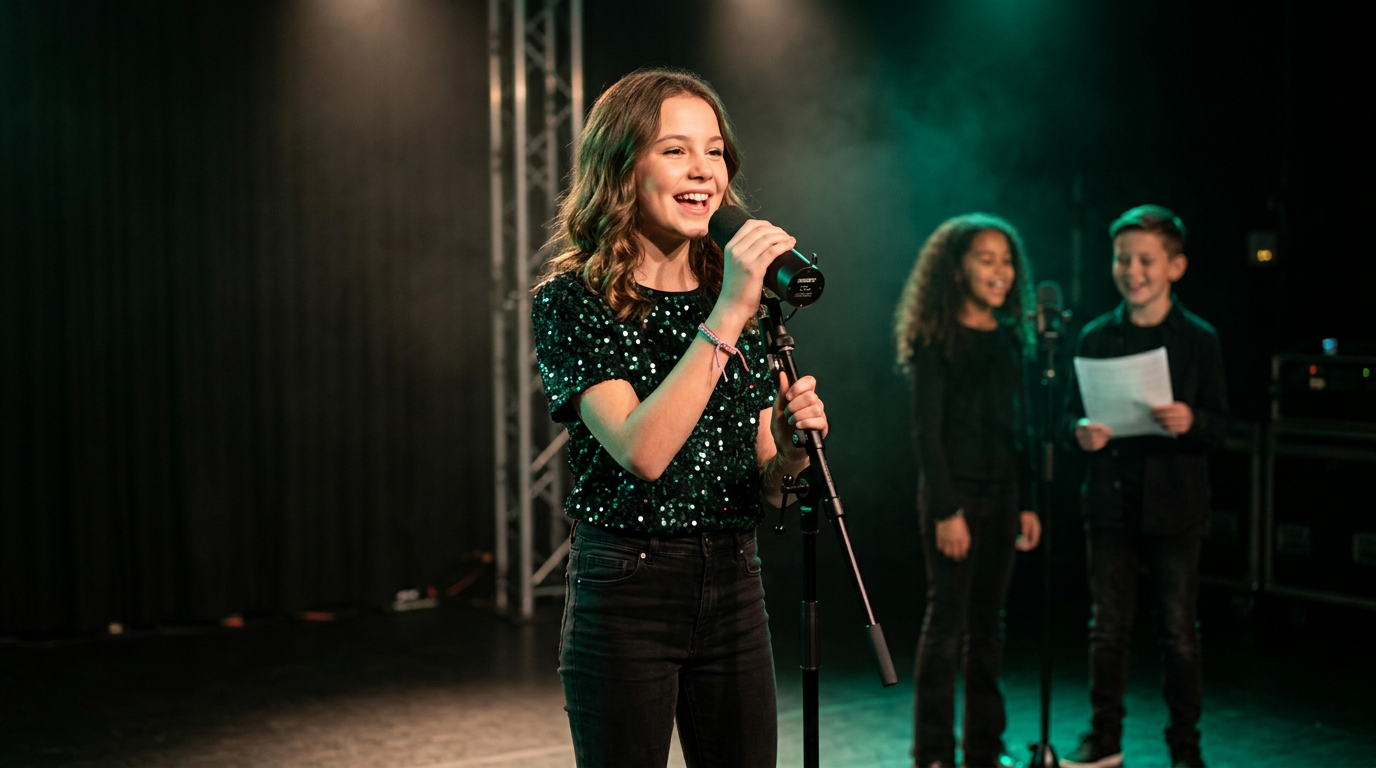 Young singer rehearsing on stage